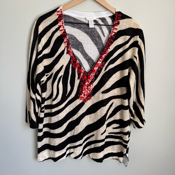 Zebra Print V-Neck Top with Red Accents Size Large Animal Print Jeweled - Picture 1 of 13